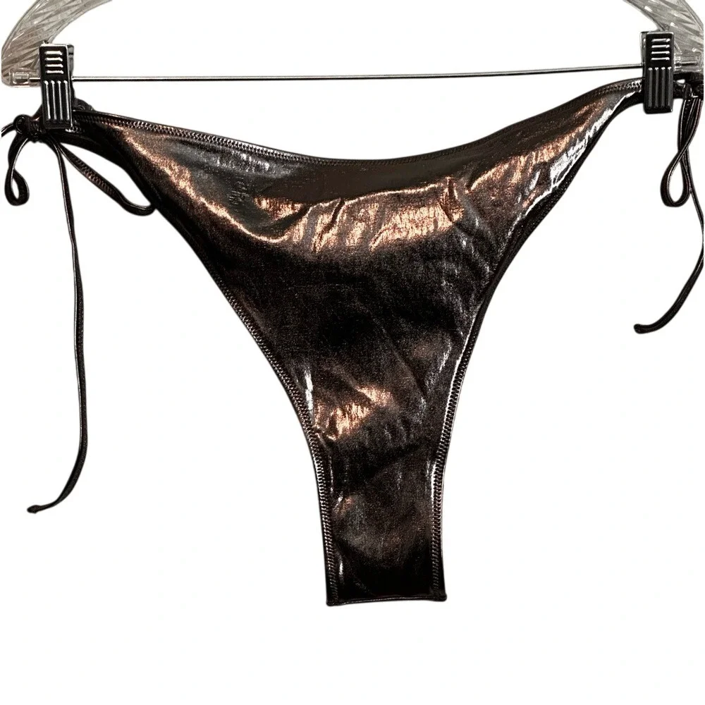 SKIMS Metallic Bronze‎ Tie Side Bikini Bottoms High Cut Brazilian Swim 4X